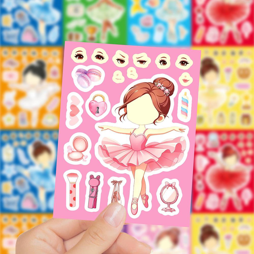 8/16Sheets Cartoon Ballet Girl Making Face Puzzle Stickers DIY Notebook Children Educational Toys Waterproof Party Gift Stickers