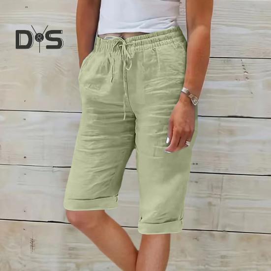 Women Summer Shorts Elastic Waistband Adjustable Drawstring Casual Pants with Pockets Solid Color Loose Fit Knee-length Pants