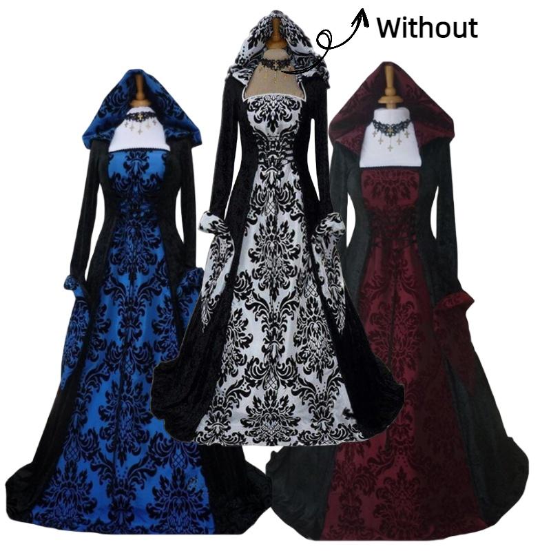 Stylish And Elegant European And American Women's Banquet Medieval Hooded Swing Dress With Floral Print Retro And Artistic Long Sleeves And Waist Tie