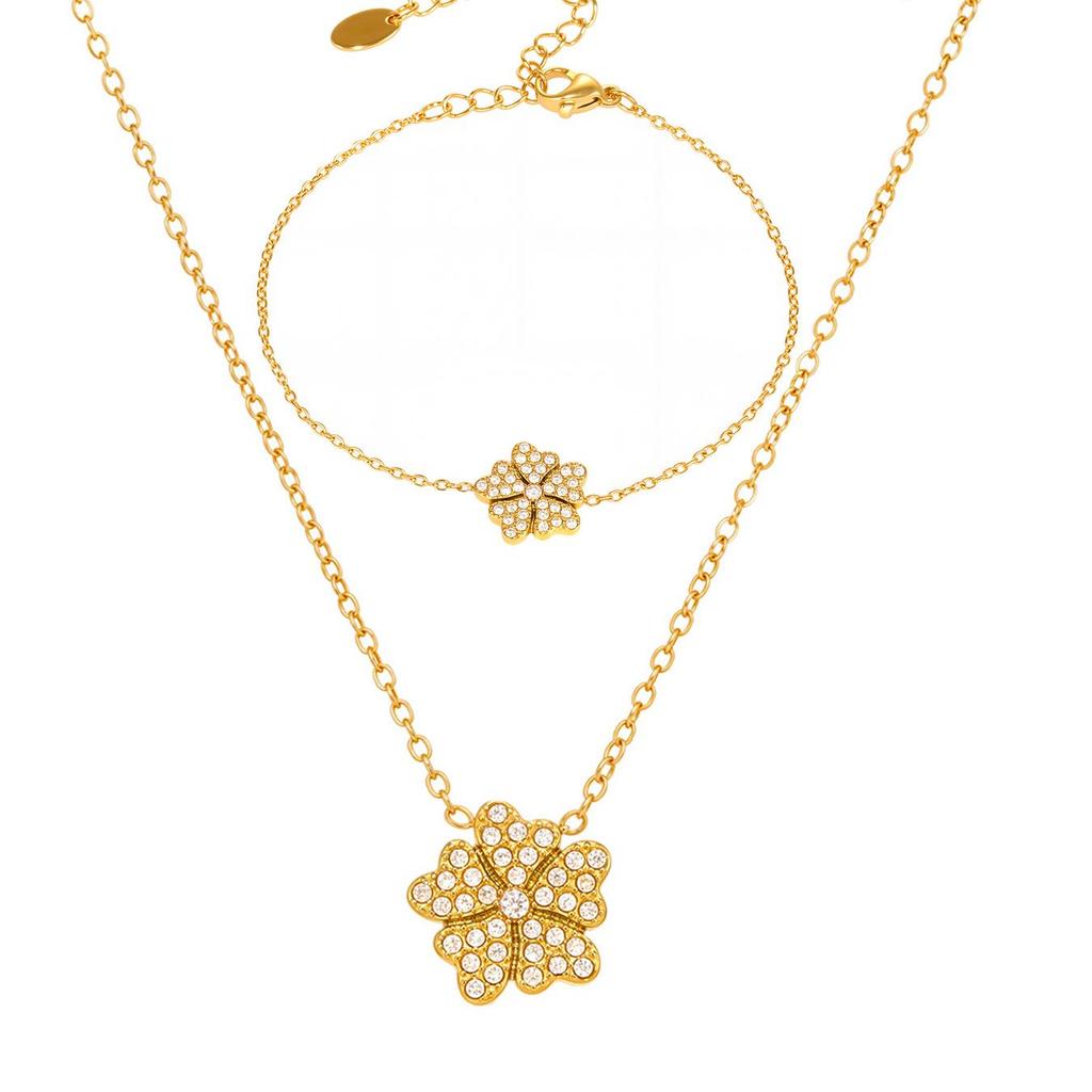 Qiong Yao 5A Zircon Heart & Flower Necklace Bracelet Set: Elegant European American Style
