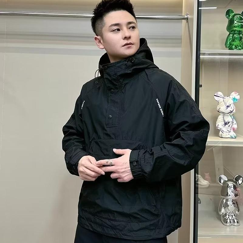 Men's Autumn Hooded Workwear Jacket with Zipper and Large Pocket - Casual, Loose, Trendy, Velvet-Lined