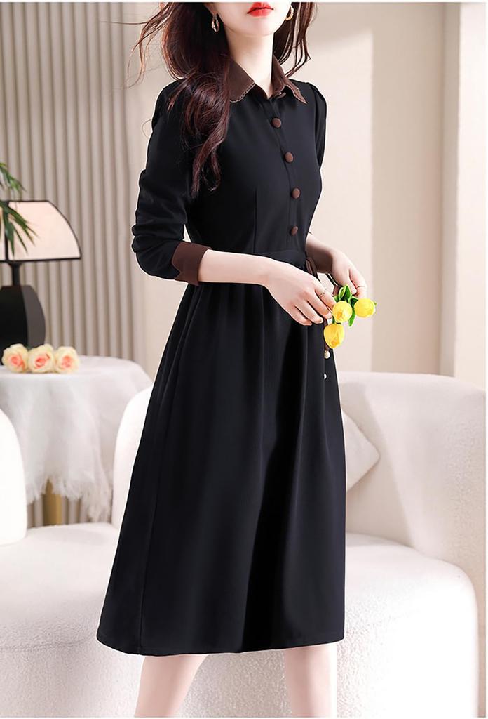 Seira Shirt Long High Retro Perfect for Commuting Women's Dress, Autumn/Winter, Sleeve, Knee-Length, Fold-Over Collar, Waist, A-Line, Style, Slimming,
