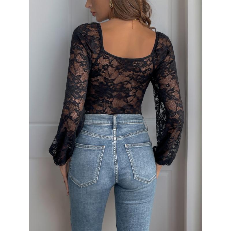 Women Sexy Retro Lace Patchwork V Neck Solid Color Long Sleeve Shapewear Bodysuit