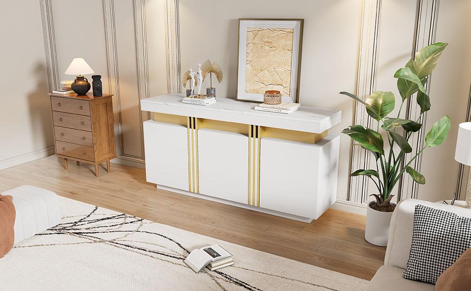 140*38*70cm Modern White Sideboard Display, 3 Doors, Dining Cabinet with Adjustable Dividers, Platinum Seams, Wide Handleless Compartments