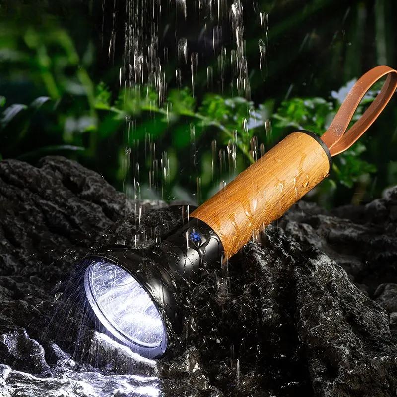 Powerful LED Strong Light Flashlight Aluminium Alloy Torch Imitation Wood Grain Built-in Battery Outdoor Waterproof Camping Lamp
