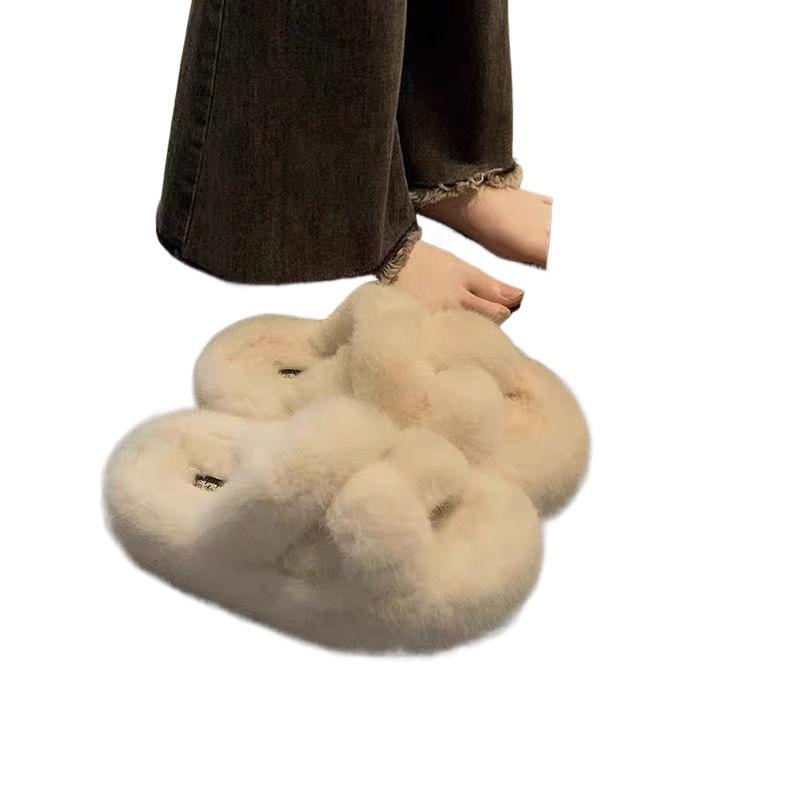 Internet Celebrities Casual Versatile Velvet Thickened Warm 2025 Autumn and Winter New Indoor Wool Cotton Slippers Women's One-word Drag