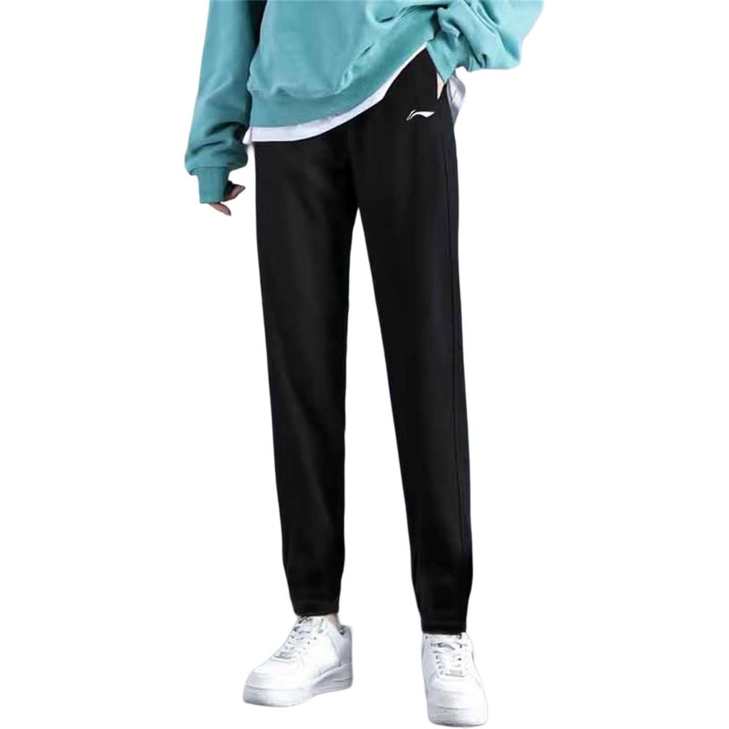 Li Ning Sports Lifestyle Series Solid Color Mid Waist Comfortable Versatile Tapered Knit Joggers Women Bottoms Black AKLUA84-1
