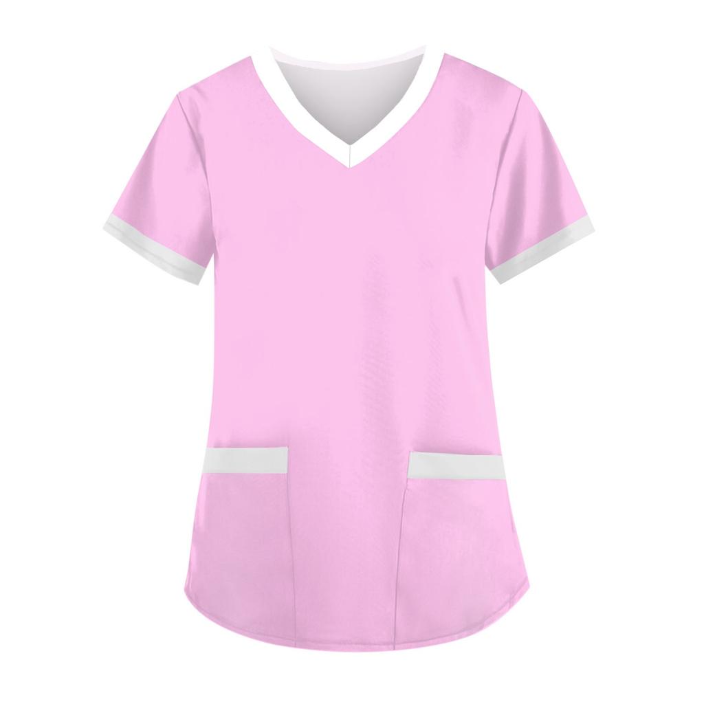 Modische Arbeitskleidung für Damen mit V-Ausschnitt, kurzen Ärmeln und bedruckten Taschen