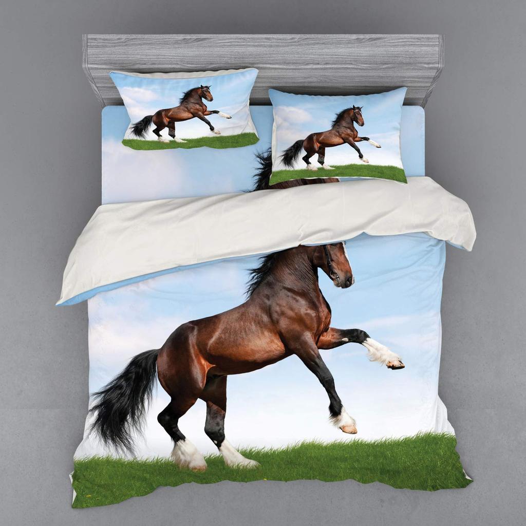 Horse And Green Grass Duvet Cover Set For Kids Boys Girls Teens Lightweight Quilt Covers Spring Themed Bedding Set Bedroom Decor