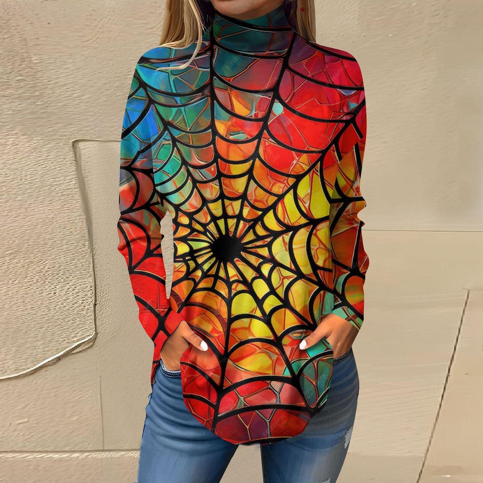 Женская свободная футболка с высоким воротом и длинными рукавами — фото 3