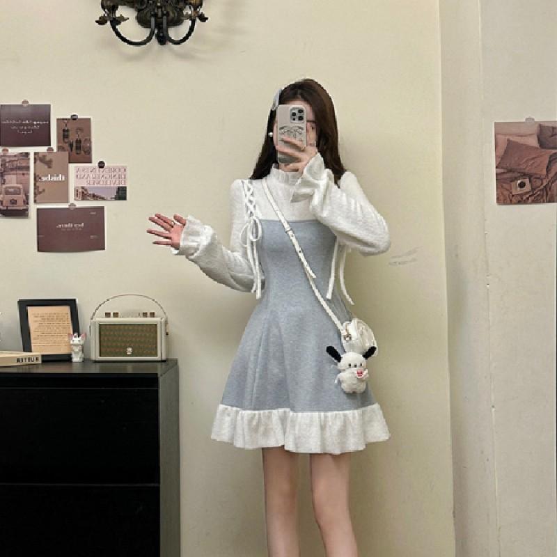 Elegant Ruffled Collar Long Sleeve A-Line Dress Women High Waist Wrap-Style Midi To Maxi 2025 Small