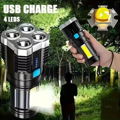 LED Flashlight 4 Lamp Beads High Power Torch USB Rechargeable Waterproof Hand Lantern COB Side Light For Outdoor Camping Fishing