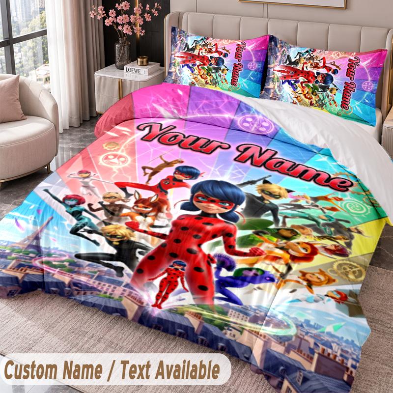 Vlastní jméno Text 3dílná sada povlečení Miraculous Ladybug Povlak na přikrývku a dva povlaky na polštář