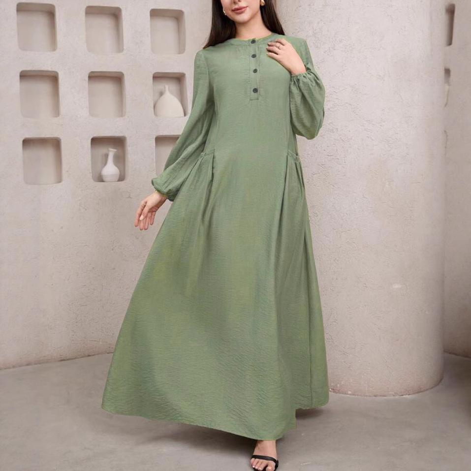 2025 Ethnic Style Muslim Long-Sleeved Robe - Solid Color, Loose Fit Dubai Dress for Women