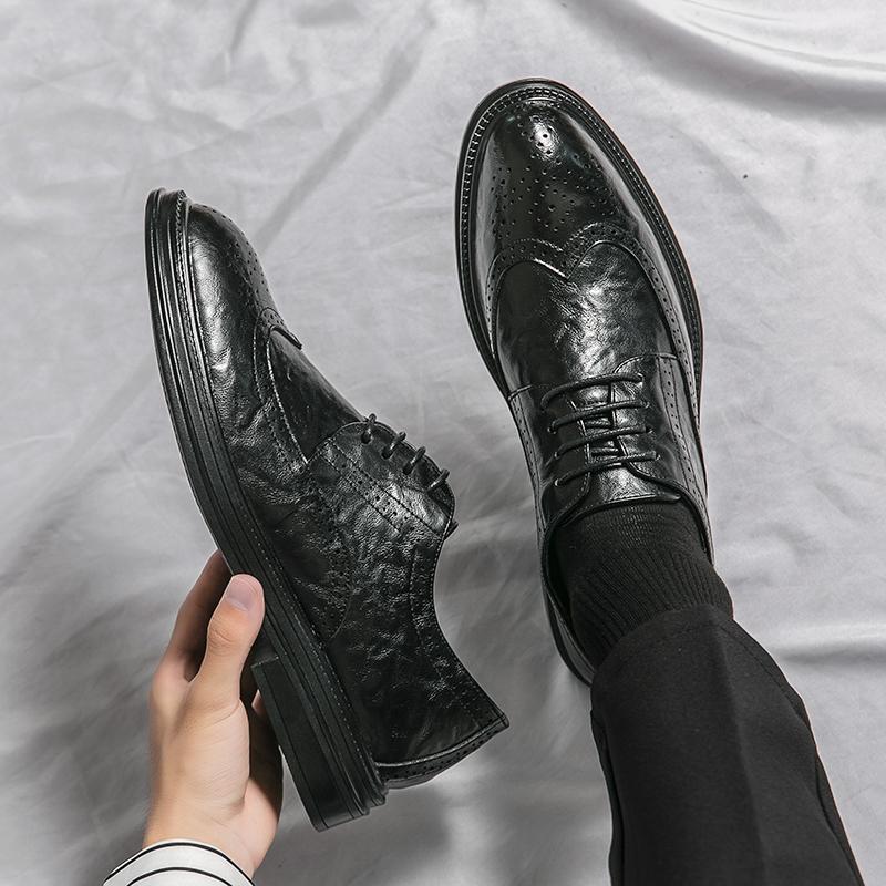 Ashionable microfiber leather casual Whole Cut Fashion Round toe shoes Lace-up Formal Business Wedding Dress Shoes for men