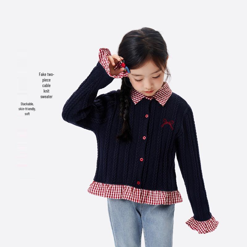 Xia Yin Man Girls  Faux Two-Piece Plaid Sweater 140