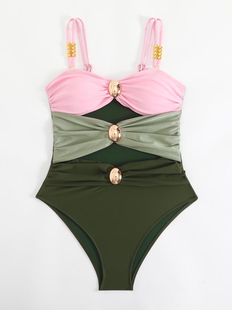 2025 Patchwork Metal Buckle Bestseller Women's One-Piece Swimsuit - European and American Beach Style