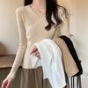Khaki Short Knitted Bottoming Shirt Women's Autumn Popular Style Sweater High-end Slim-fitting Long-sleeved Top