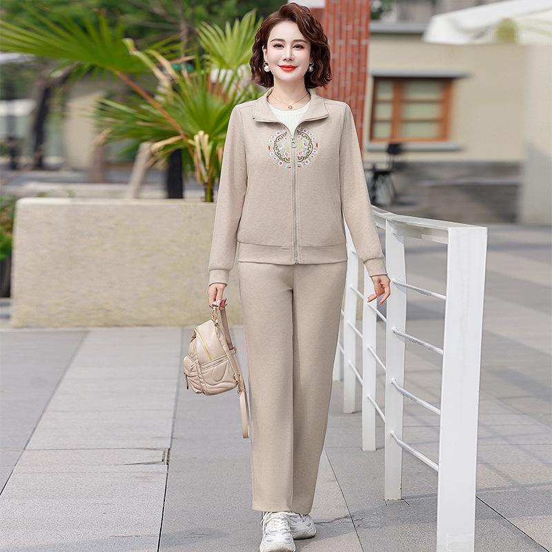 

Mom s 2026 Spring/Autumn Embroidered Top & Casual Sportswear Set for Middle-Aged Women XL (90-115 jin) бежевий