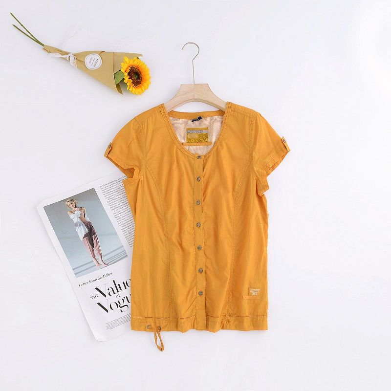 

Woven Cotton Cloth Casual Cardigan Skin Tone Lift Breathable Short Sleeve Golden yellow S