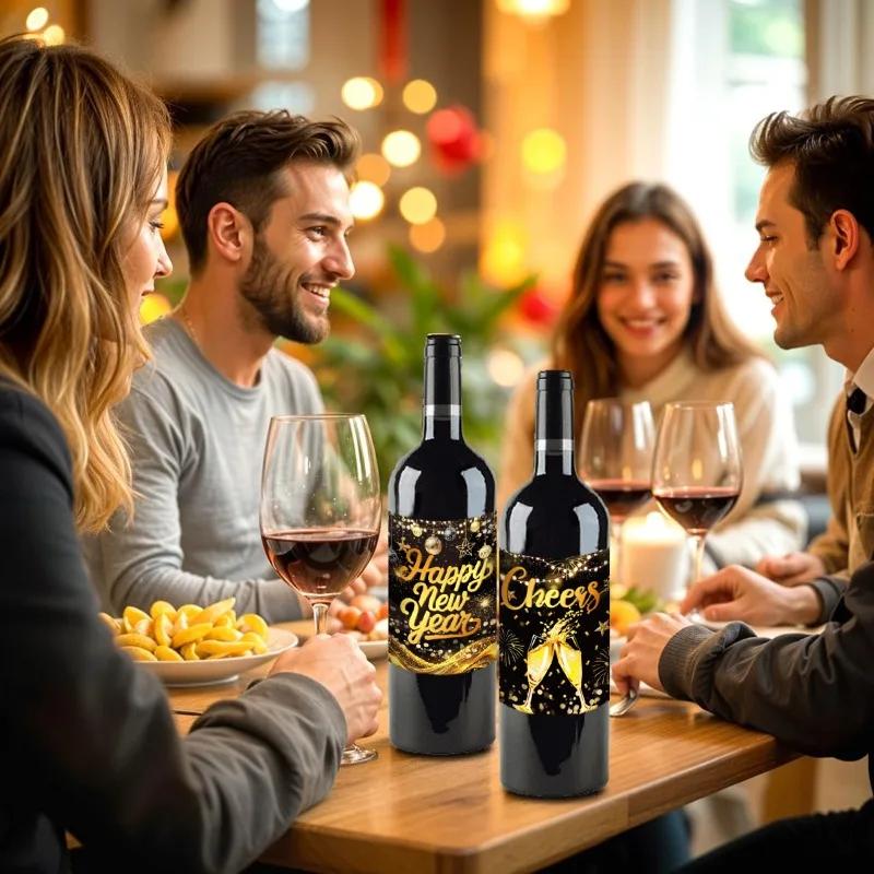 9Sheets Happy New Year Wine Bottle Label Sticker Black and Gold New Year Beer Bottle Stickers New Year Eve Party Decor