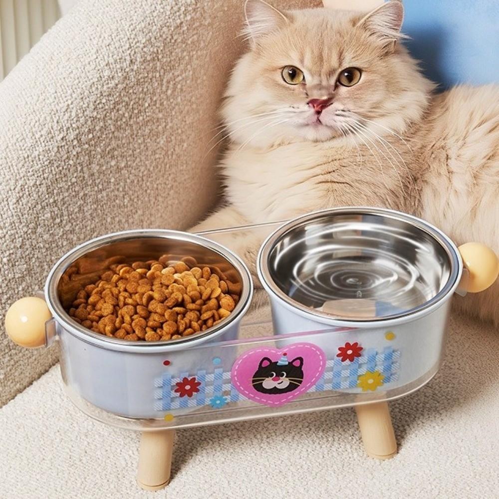 Stainless Steel Elevated Cat Bowl Double Bowls Non-Slip Neck Protection Bowl Neck Support Cute High Foot Dog Feeder Easy Clean