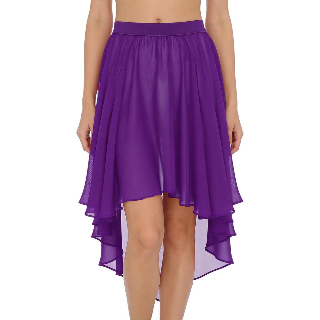 Damen High-Low-Saum Chiffonrock Elastischer Bund Unregelmäßiger Durchsichtiger Überwurf Strand Tanzkostüm