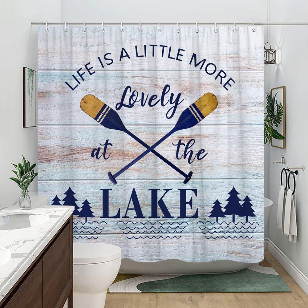 Rustic Lake Life Shower Curtain Life Is Lovely At The Lake Crossed Oars Pine Trees Nautical Theme Polyester With Hooks