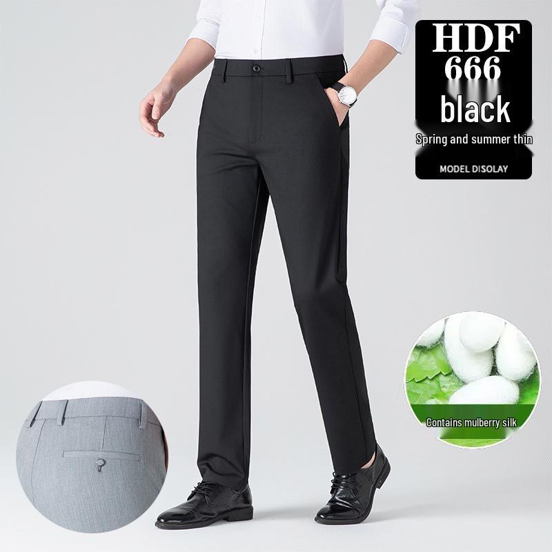 Men's High-Quality Mulberry Silk Business Casual Pants – Non-Iron, Elastic, Straight Leg for Spring/Summer