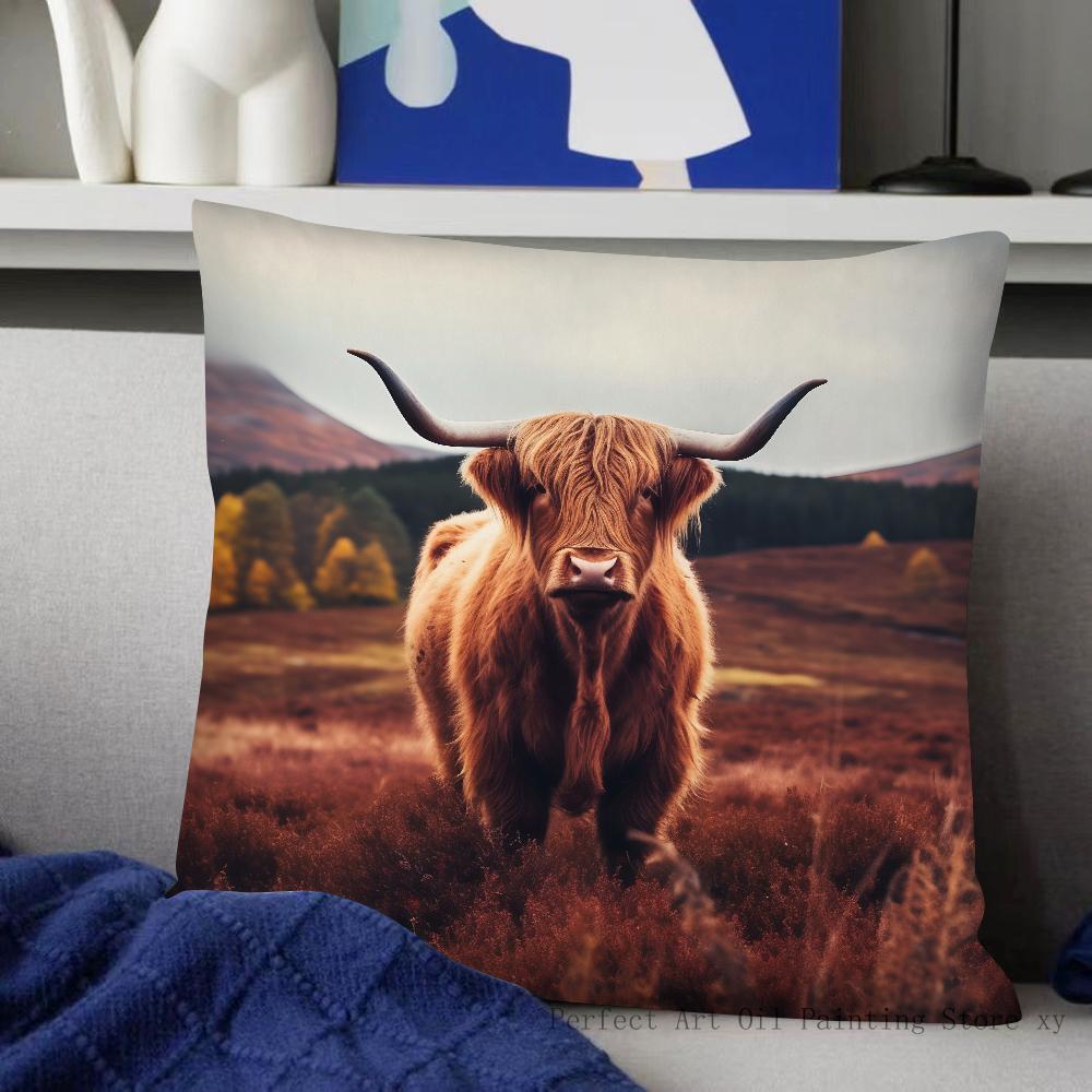 Highland Cattle Pillow Case Fashion Square Pillowcase Bedroom Sofa Room Ins Decoration Leisure Cushion Cover 40x40