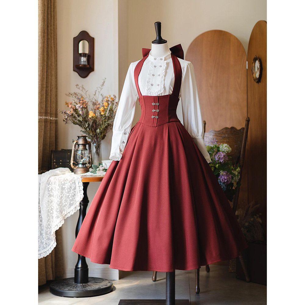 Elegant Autumn Dreamscape Three-Piece Set: Retro Fishbone Halter, Waist-Cinching Skirt & Shawl White Shirt
