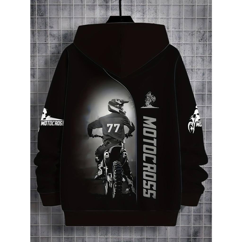 Boys' Fashionable Off-road Motorcycle 3D Printed Long Sleeved Hooded Sweatshirt, Boys' Spring and Autumn Sportswear