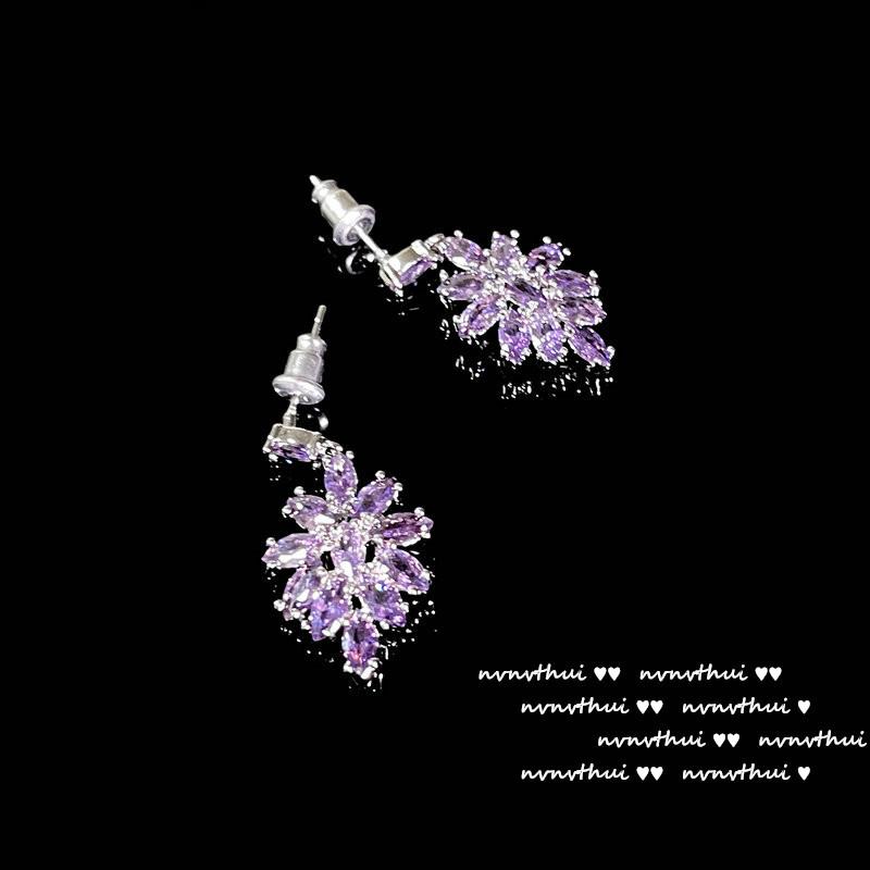 Lake Light And Water Shadow Purple Tanzanite Flower Earrings, Antique, 18K Gold Wheat Ear Plated Geometric Zircon Inlaid Earrings.