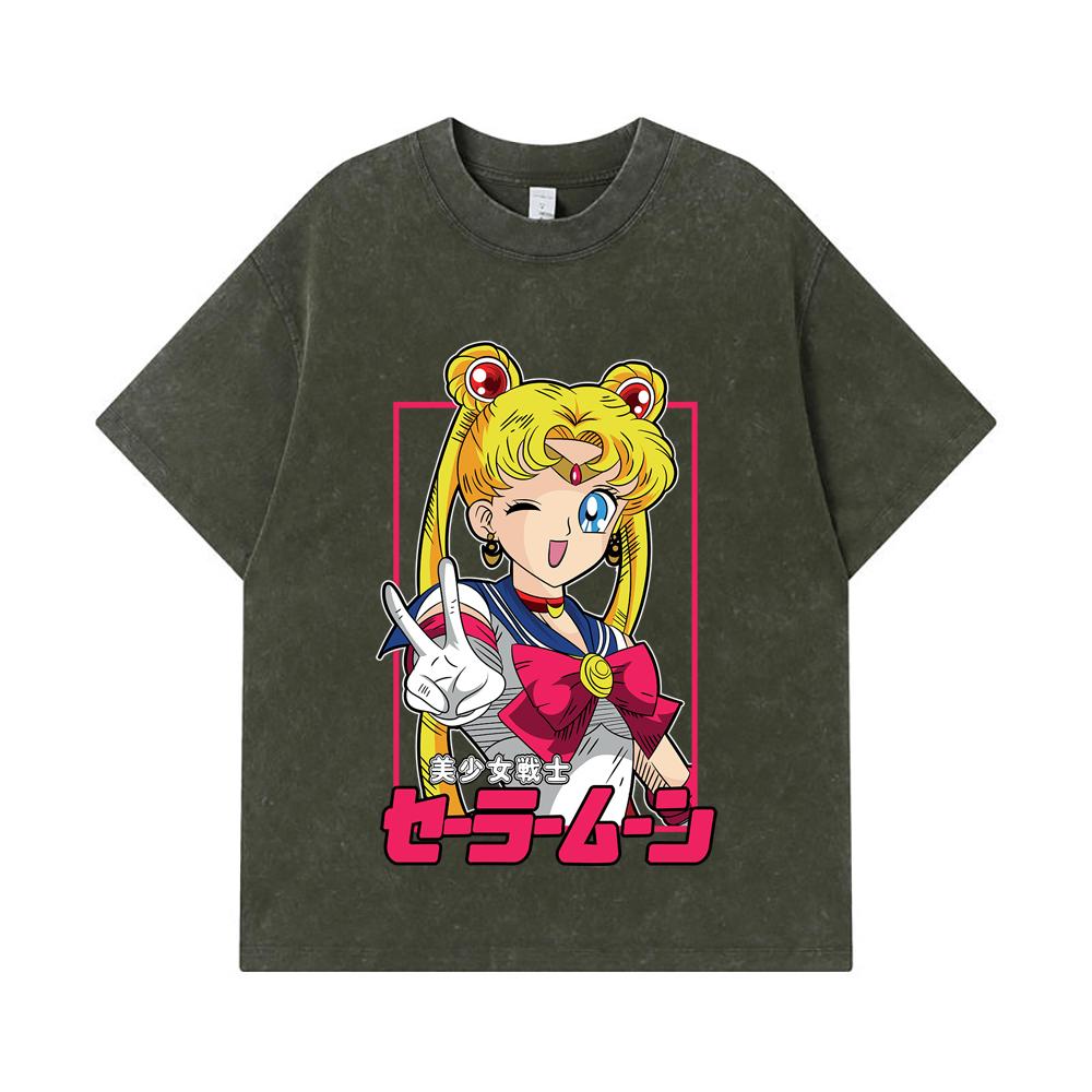 

275 GSM Washed T-shirts 100% Cotton Sailor Moon V9 Minako Print Unisex Heavy Cotton T Shirt S армия зеленый