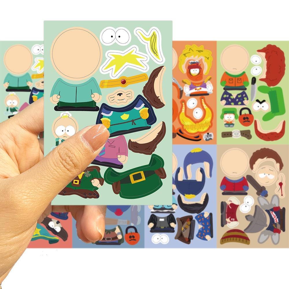 8 Sheets Cartoon South Park PARK Make A Face  Puzzle Stickers For Luggage Phone Case Laptop Notebook Decals Kids Gift