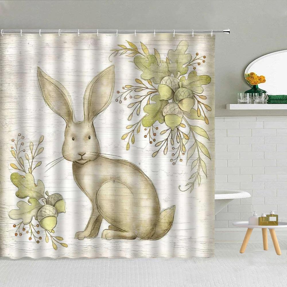 Funny Bunny Easter Shower Curtain Rabbit Colorful Egg Flower Wood Striped Backdrop Bathroom Decor Washable Fabric Hooks Curtains