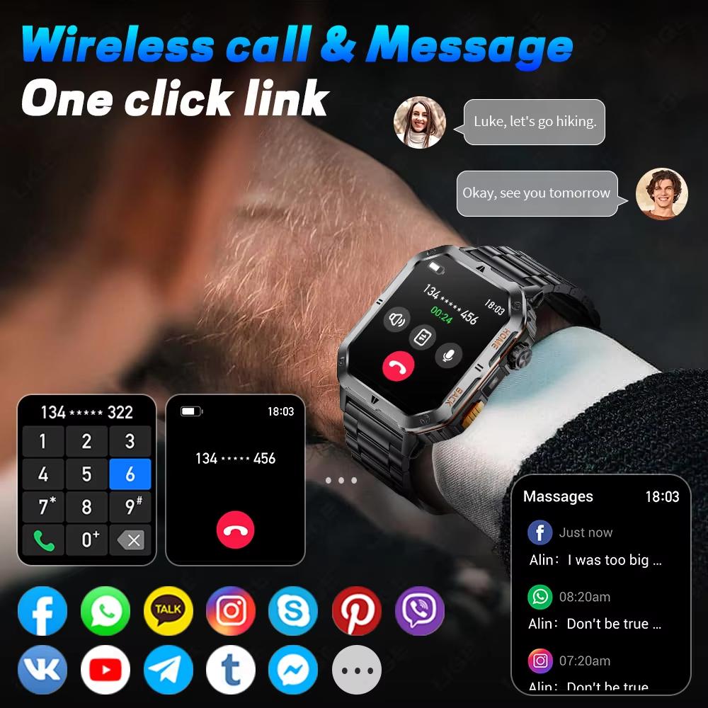 Rugged Military 1000mAh Smart Watch Men Outdoor Flashlight  Watch 2.01" HD Touch Screen Voice Bluetooth Call Smartwatch NEW