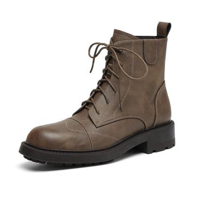 Genuine Leather Winter Round Toe Western Boots Med Heels Women Cross-tied Lace Up Women Vintage Ankle Boots