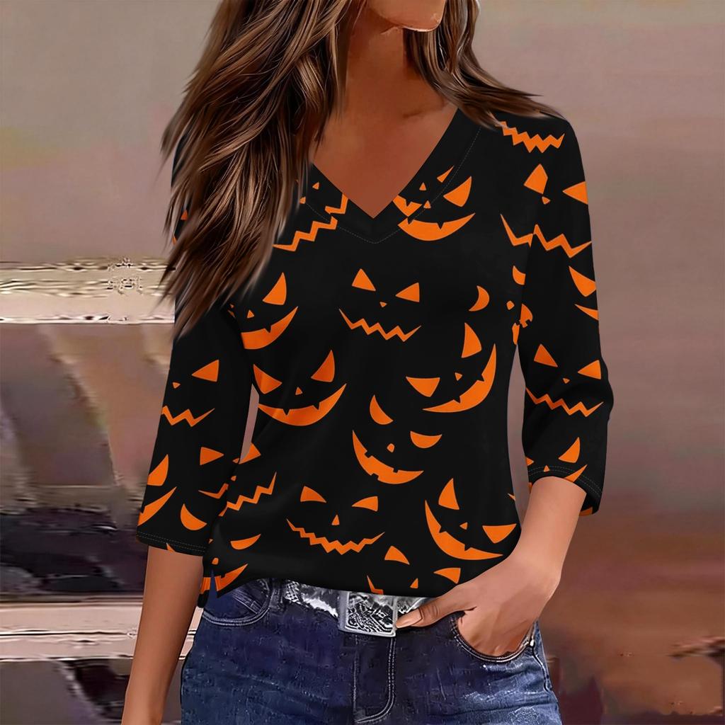 Damen Freizeit V-Ausschnitt Oberteil Halloween-Print Dreiviertelärm Leicht Bluse Lockerer Schnitt Pulloverhemd für die Herbstsaison