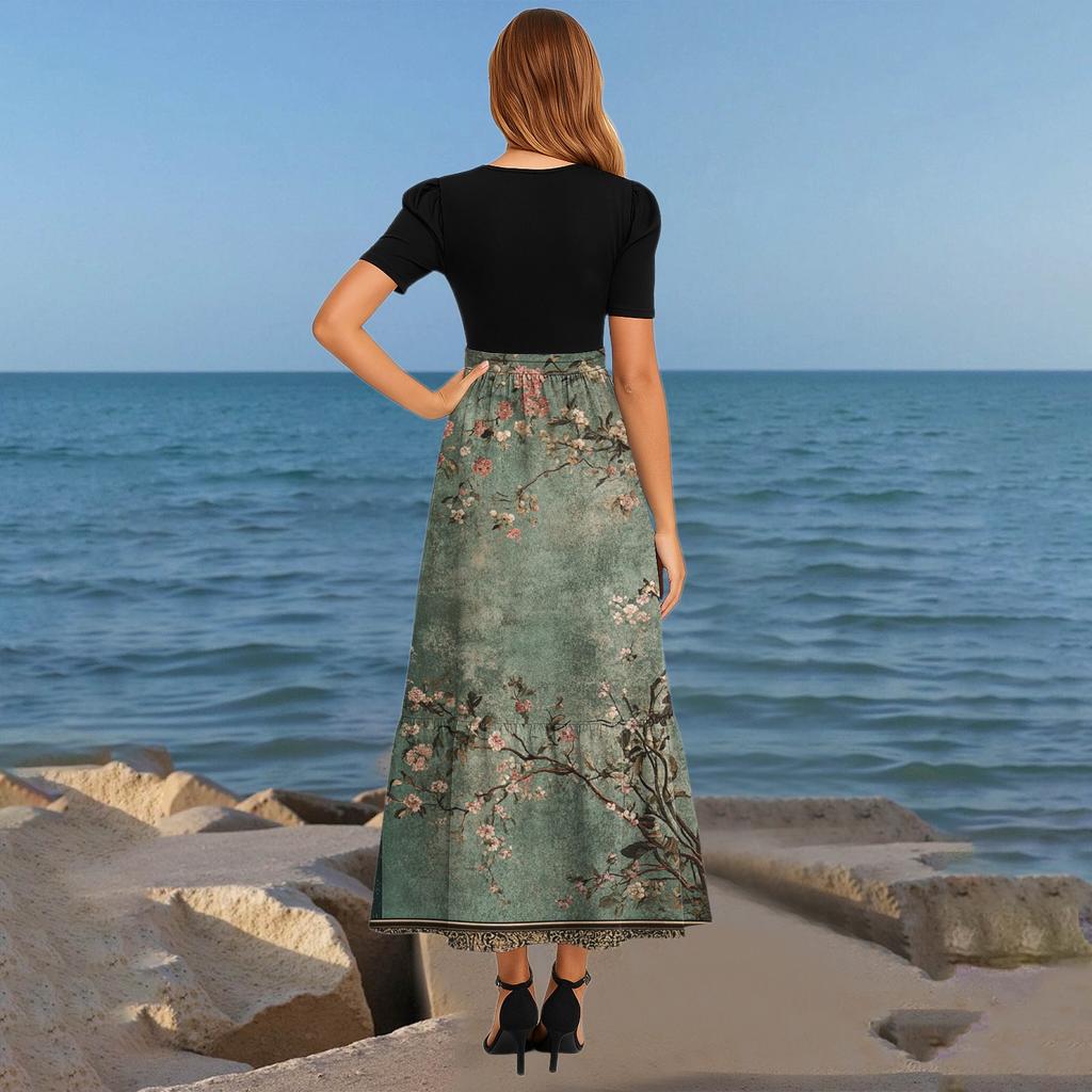 Women's Fashionable Casual Belt Short Sleeved Round Neck Print Elegant Temperament Dress