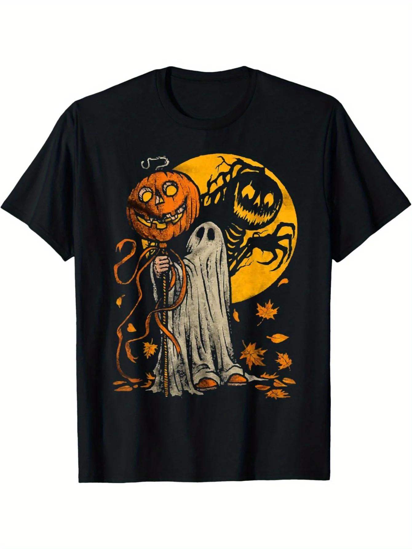 Vintage Pumpkin Ghost Halloween Graphic TShirt Breathable Cotton Crewneck Tee for Unisex S