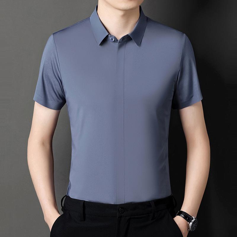 Seamless Shirt Men's Short-Sleeved Summer Solid Color Leisure Iron-Free Clothing for Middle-Aged Dad Thin Shirt Men's Shirt