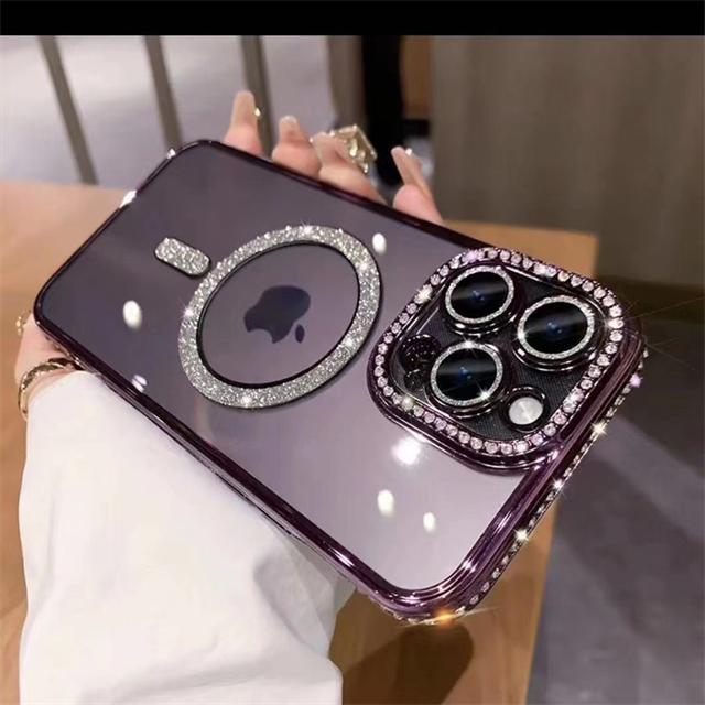 For iPhone 16E Pro Max Luxury Magsafe Magnetic Plating Flash Diamond Phone Case For iPhone 11 12 13 14 15 Plus Rhinestone Cover