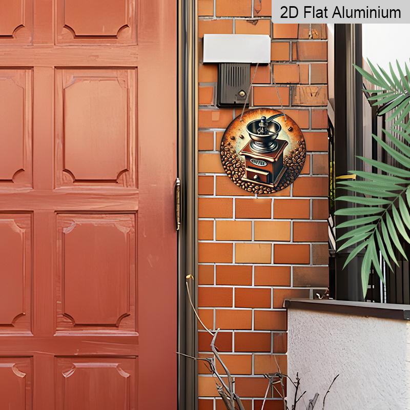 2D Flat 1pc, 8x8 In, Vintage Coffee Grinder and Bean Metal Aluminum Wall Art, Waterproof and Dustproof, Multipurpose Round Wall Hanging for Home