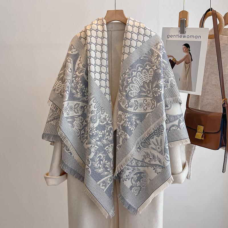 Luksusowy Damski Szalik Kaszmirowy - Ciepły Zimowy Frędzlowy Pasek Wzory Szal Pashmina, Foulard & Poncho