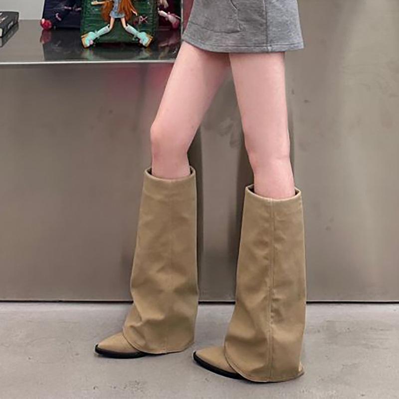 Leather Niche Pointed Heel Thick Heel But Knee Pant Pants Boots Women's Autumn and Winter Long Boots Straight Knight Boots Western Cowboy Boots