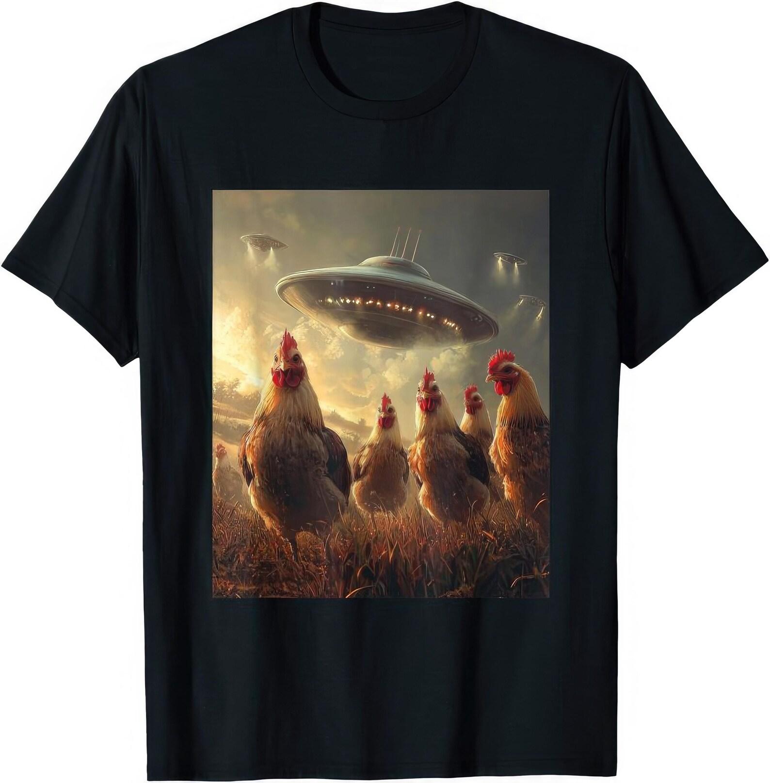 Chicken Selfie With Spaceship UFO Funny T shirt 3XL
