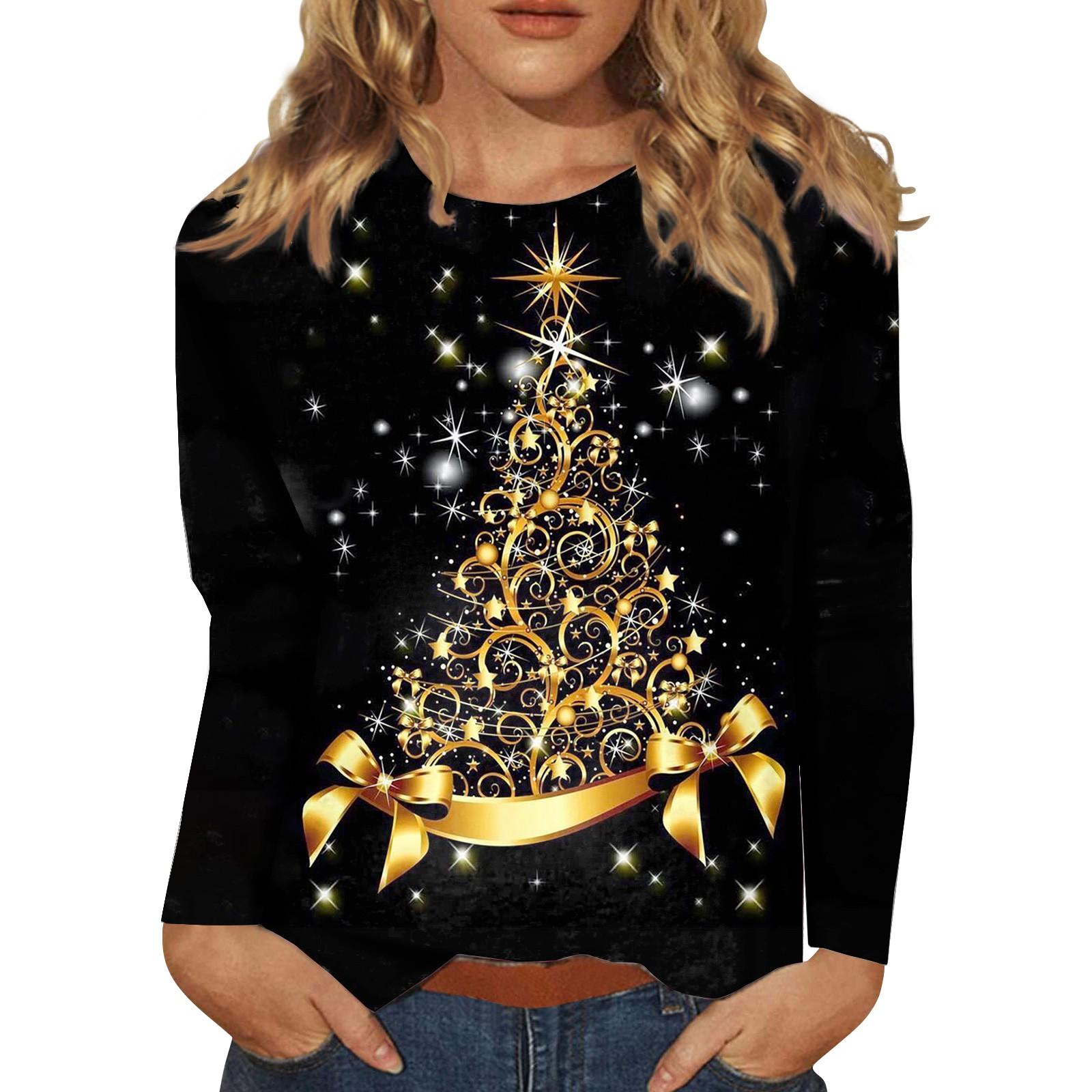 

Women s Fashion Casual Long Sleeve Christmas Print Round Neck Pullover Top Blouse XL чорний