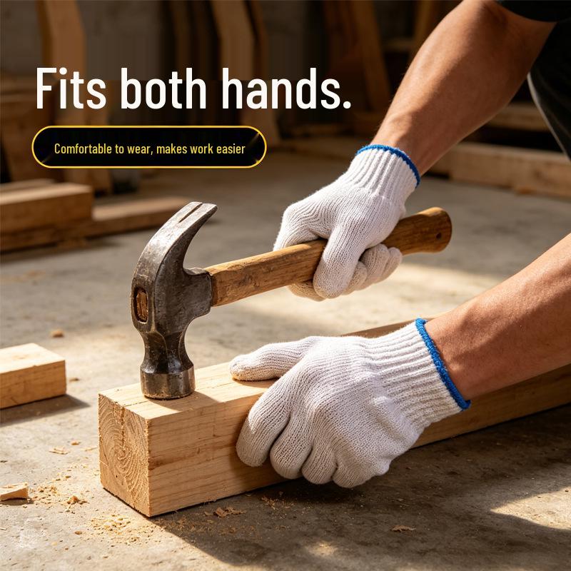 Men's Heavy-Duty Work Gloves - Thick, Non-Slip, Breathable White Cotton Yarn for Construction and Labor Protection