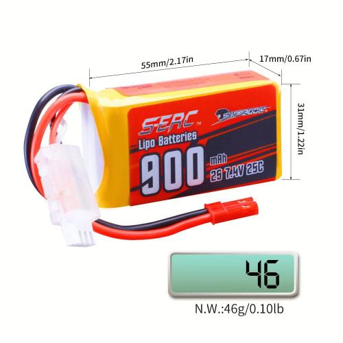 SUNPADOW 2S 7.4V LiPo Battery Pack, 900mAh 25C with JST Plug, Suitable for FPV and Drones, 2 Packs